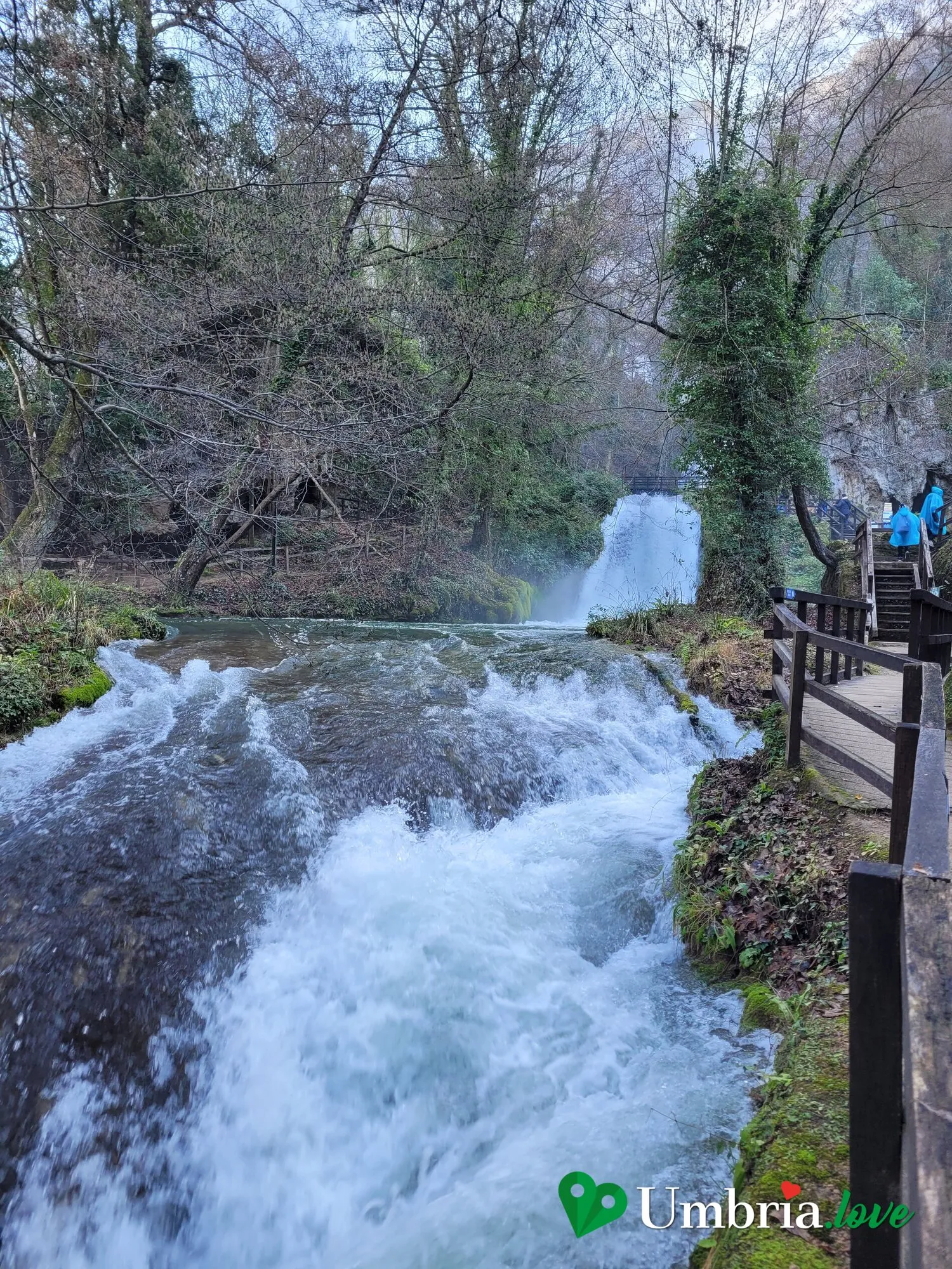 Il fiume che corre spumeggiante lungo le passerelle di legno dell'area escursionistica