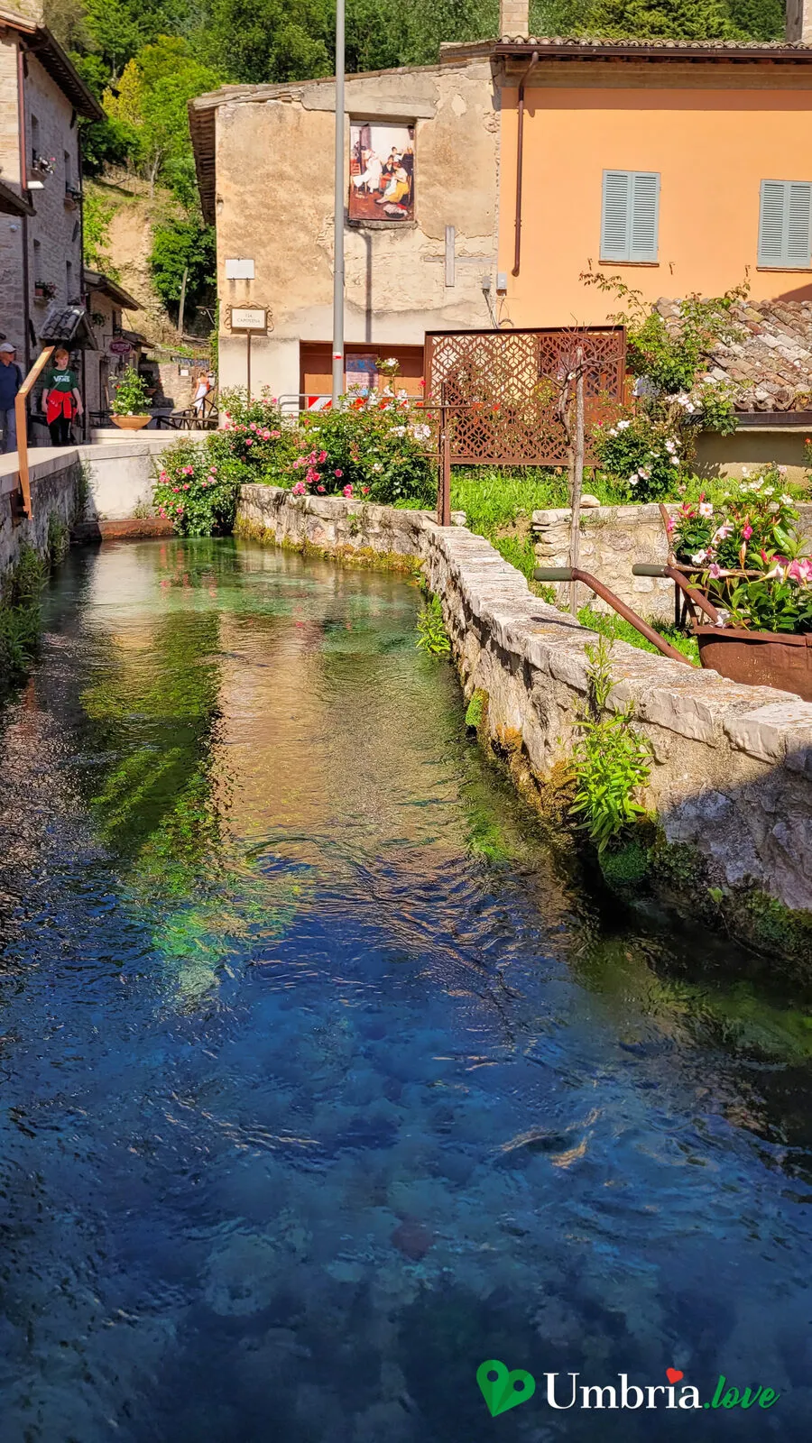 Un canale di Rasiglia con l'acqua verde e limpida che scorre tra i vasi di fiori e le case
