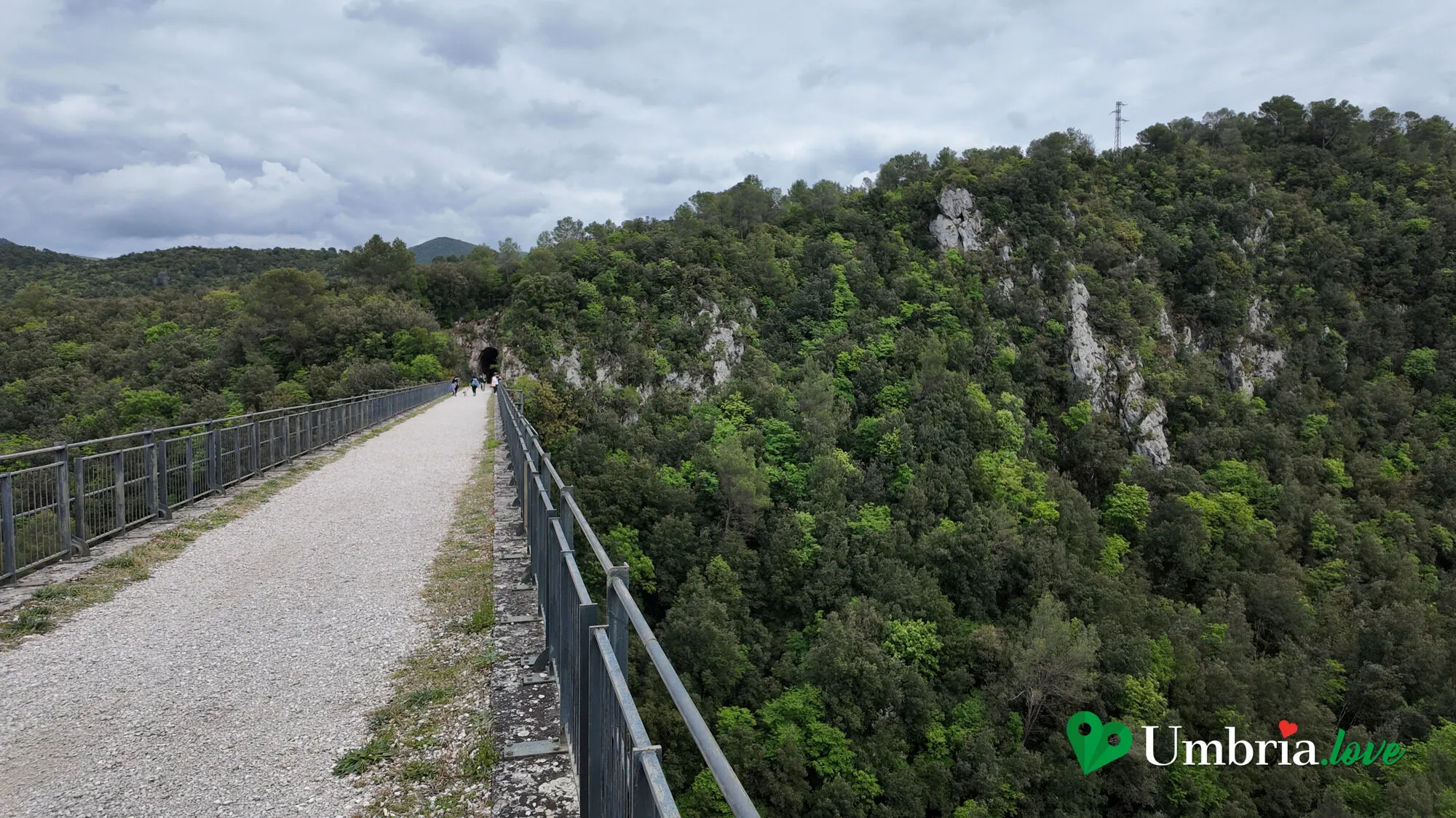 Il tracciato dell'ex ferrovia Spoleto-Norcia su un viadotto, con la ringhiera e il bosco che scende nella gola