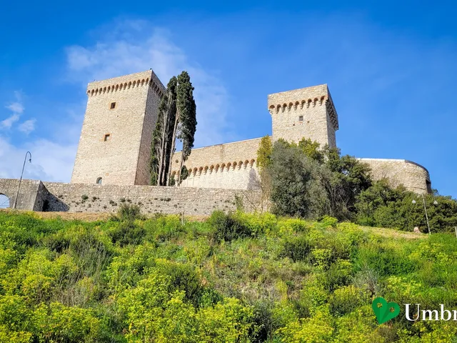 La Rocca Albornoz di Narni, con i due torrioni merlati e un cipresso, tra i fiori di primavera sul colle