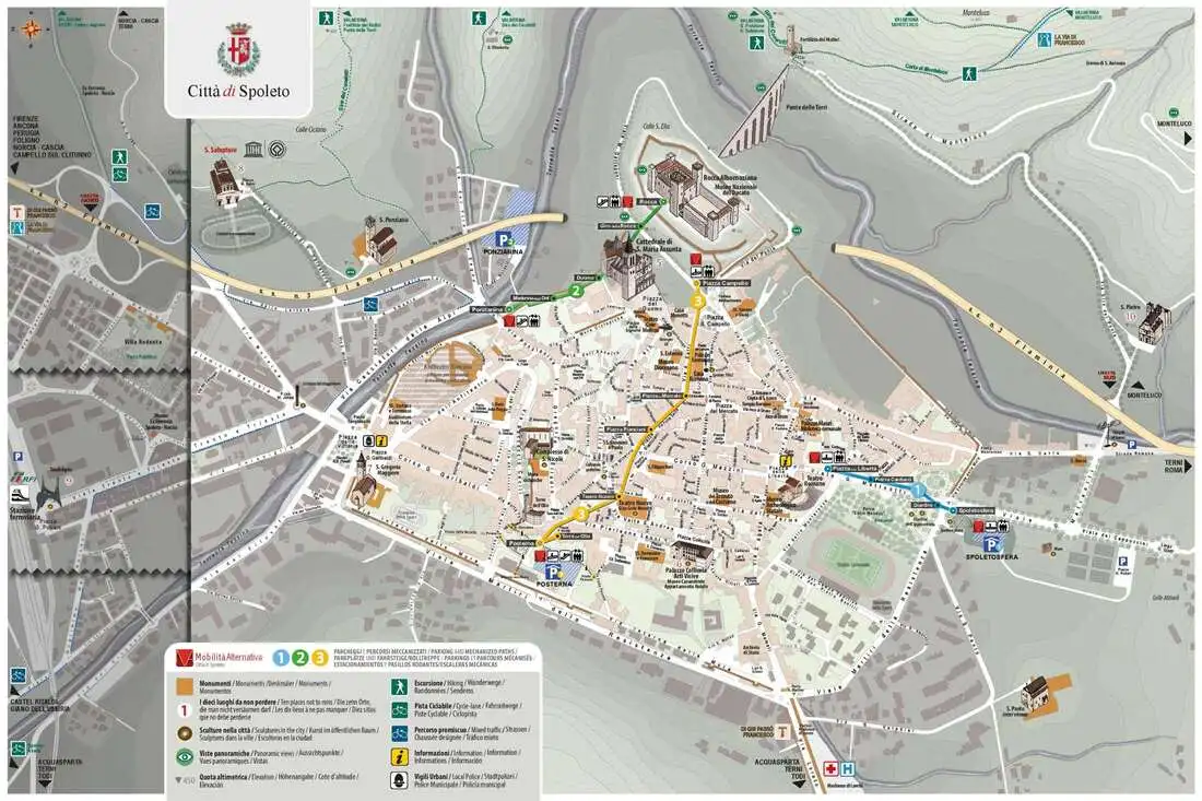 Pianta turistica del centro storico di Spoleto con i monumenti numerati e i percorsi meccanizzati
