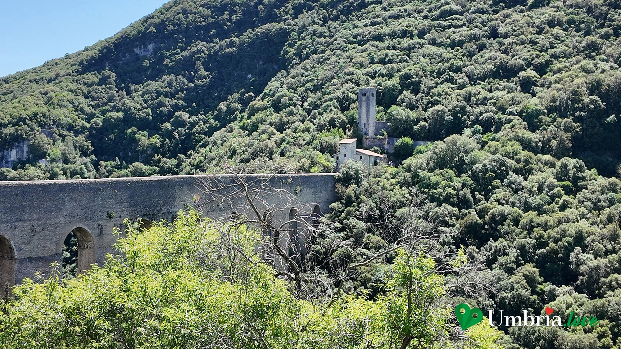 Il Ponte delle Torri di Spoleto ripreso dall'alto, sospeso sopra la valle coperta di bosco tra il colle della città e il Monteluco