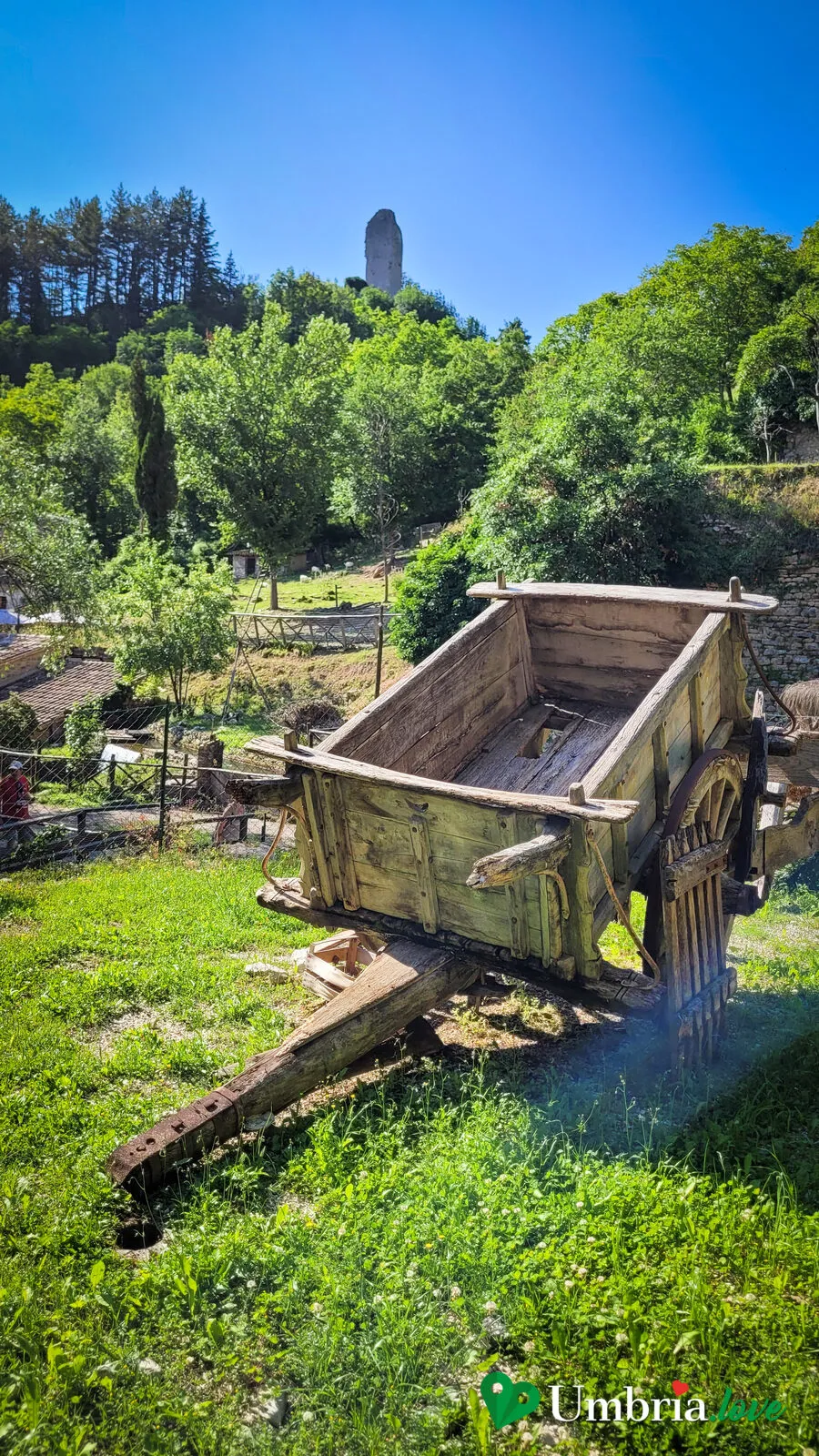 Sul crinale boscoso sopra Rasiglia, il rudere della torretta di avvistamento dei Trinci; in primo piano un vecchio carro agricolo